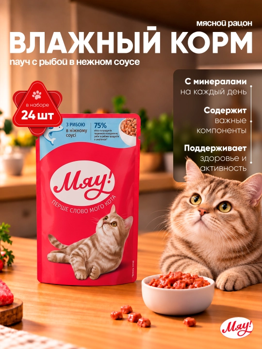 Myau mushuklar uchun nam yem, mayin sousdagi baliq, 85 g 24 dona - 
