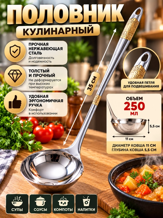 Металлический половник, из нержавеющей стали и деревянные, для приготовления супа - 