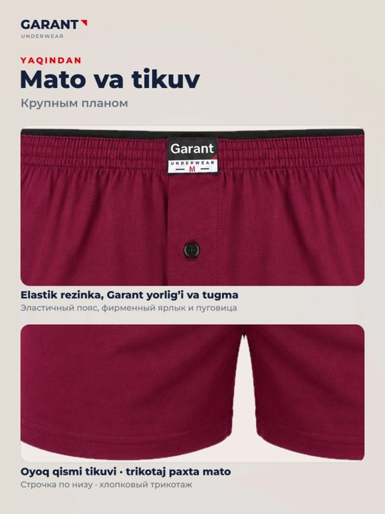 Garant GP303 erkaklar bokser trusiklari, 100% paxta, M–3XL o'lchamlari