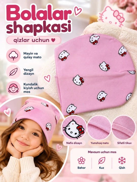 Qizlar uchun shapka, bolalar shapkasi, qizlar uchun shapka, Hello Kitty shapkasi - 