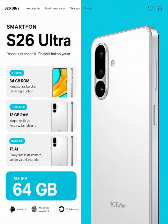 Смартфон hotwav A36, 64GB Rom 12GB Ram, 13 AI Мп Kamera, 5160 мАч, Android 16 - 