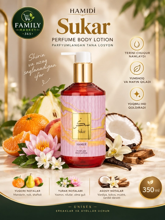Hamidi parfyumlangan tana losyoni, 350 ml — Sukar, Gulnar, Asal, Ghaya