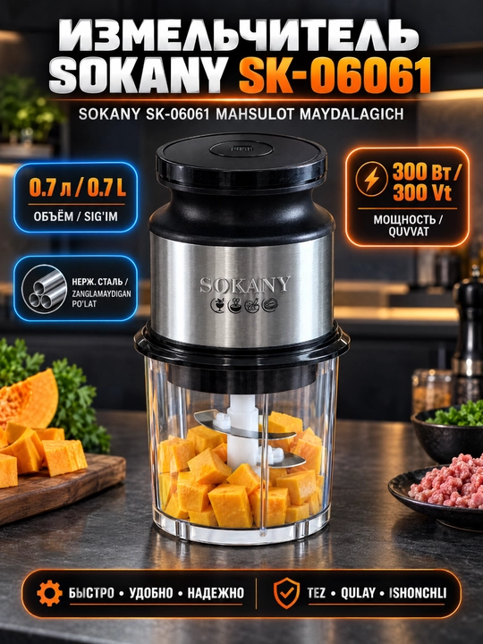 Измельчитель электрический SOKANY SK-06061, 300 Вт, стеклянная чаша 0.7 л - 