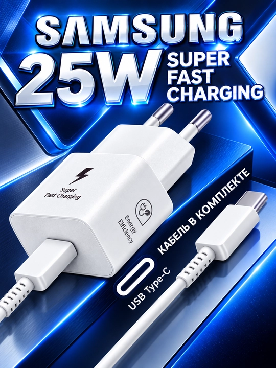 Комплект быстрой зарядки Samsung 25 Вт Energy efficiency, адаптер USB Type-C - 