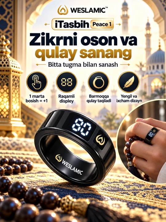 WESLAMIC iTasbih Peace 1 aqlli tasbeh uzugi, zikr hisoblagichi, displey, ilova