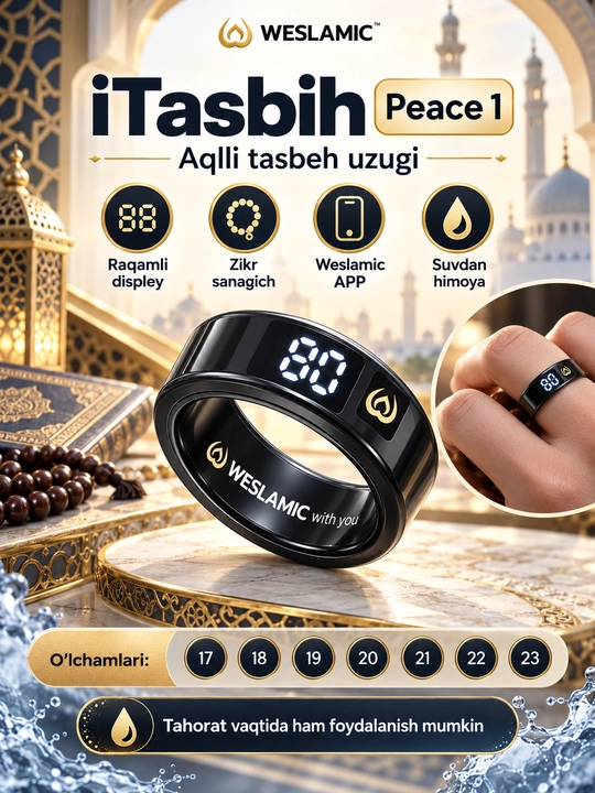 WESLAMIC iTasbih Peace 1 aqlli tasbeh uzugi, zikr hisoblagichi, displey, ilova