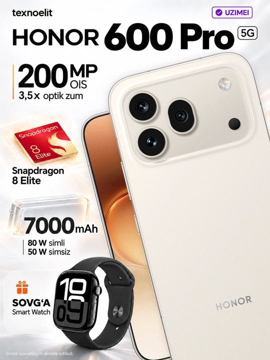 Honor 600 Pro 5G smartfoni, 200 MP kamera, 7000 mA/h batareya, flagman Snapdragon 8 Elite - 