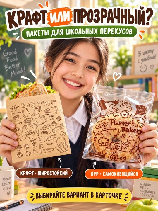 Пакеты для завтраков и школьных перекусов, для бутербродов и выпечки, с рисунком