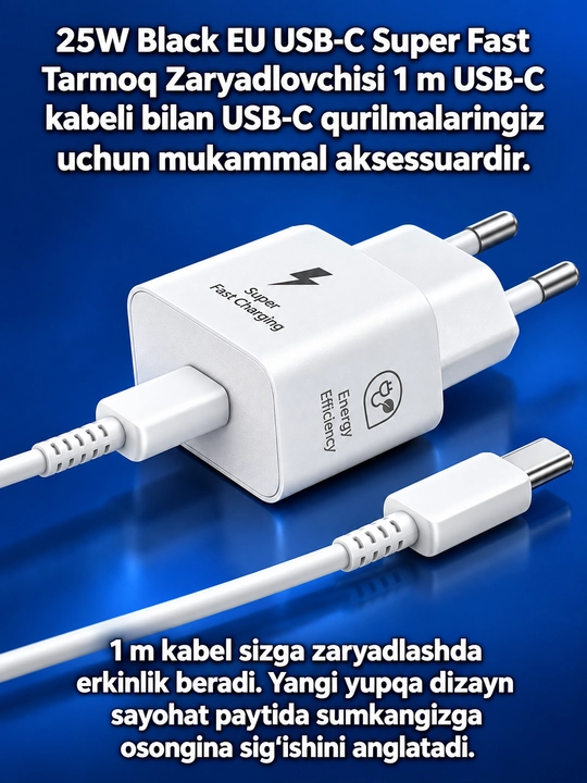 Samsung 25W Energy efficiency tezkor zaryadlovchi to‘plami, USB Type-C adapter