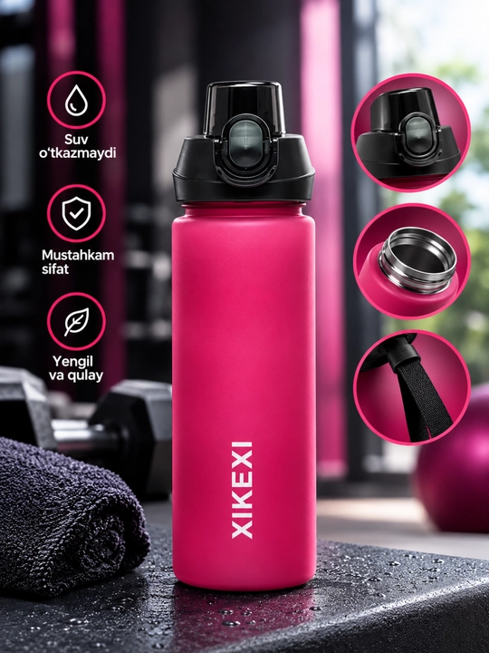 Sport suv idishi 1000 ml — mustahkam, qulay qopqoqli va tasma bilan - 