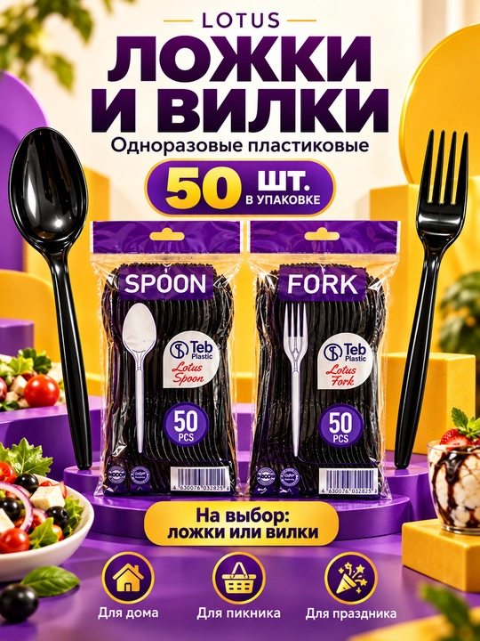 Одноразовые пластиковые ложки и вилки LOTUS, 50 шт - 