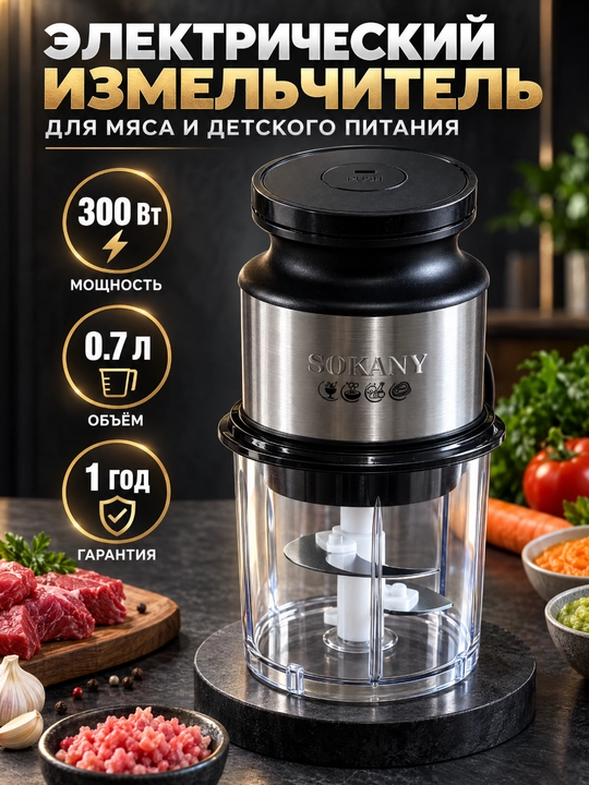 Электрический чоппер SOKANY SK-06061, 300 Вт, стеклянная чаша 0.7 л для детского прикорма - 