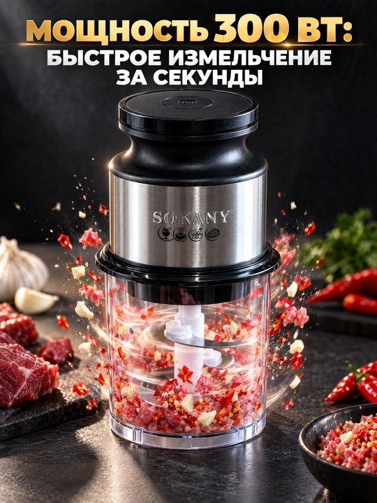 SOKANY SK-06061 elektr chopper, 300 Vt, bolalar qo‘shimcha ovqatlanishi uchun 0,7 litrli shisha kosacha