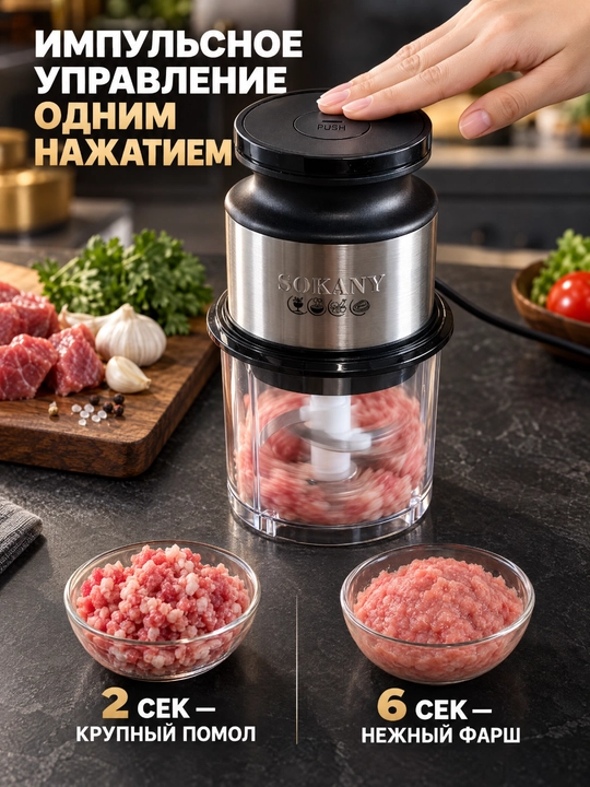 SOKANY SK-06061 elektr chopper, 300 Vt, bolalar qo‘shimcha ovqatlanishi uchun 0,7 litrli shisha kosacha