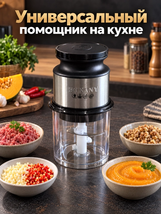 SOKANY SK-06061 elektr chopper, 300 Vt, bolalar qo‘shimcha ovqatlanishi uchun 0,7 litrli shisha kosacha