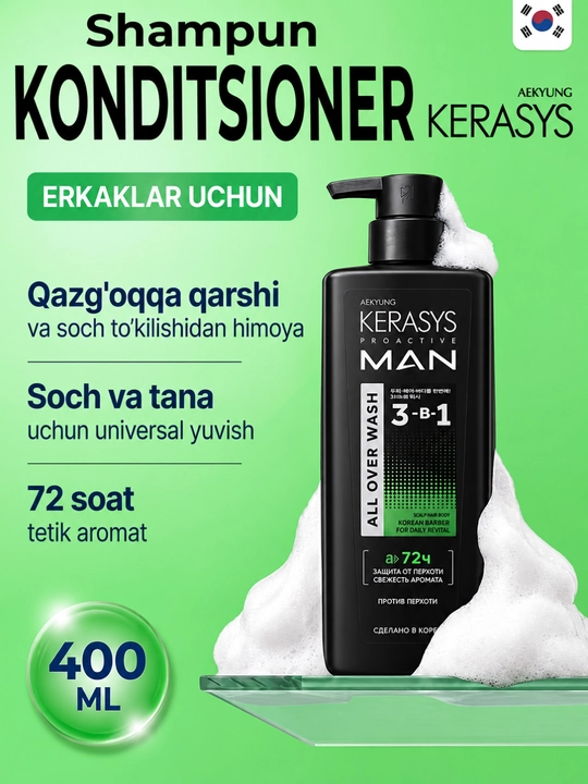 Kerasys erkaklar uchun shampun va konditsioner, 2 tasi 1 da, qazg'oqqa qarshi - 