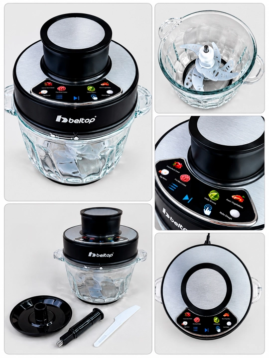 Go'sht maydalagich "BELTOP" sensor boshqaruv, 600W, 3 litr shisha idish, 6 xil dastur