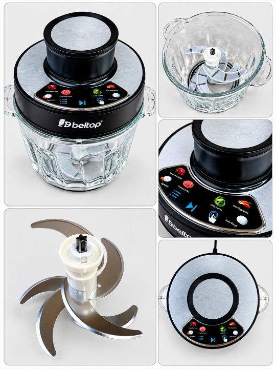 Go'sht maydalagich "BELTOP" sensor boshqaruv, 600W, 3 litr shisha idish, 6 xil dastur