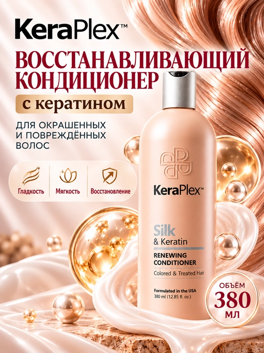 Кондиционер для окрашенных и поврежденных волос с кератином KeraPlex Silk & Keratin 380 мл - 