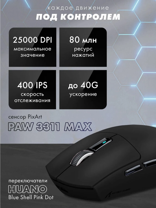 Simsiz o'yin sichqonchasi Attack Shark G3, PixArt 25000 DPI, 59 g, (2.4G/BT/Type-C)