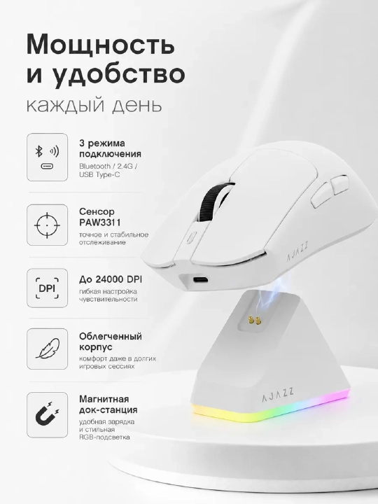 Игровая Мышь AJAZZ AJ139P V3 MC, Беспроводная, Bluetooth, с RGB док-станцией, 24000 DPI