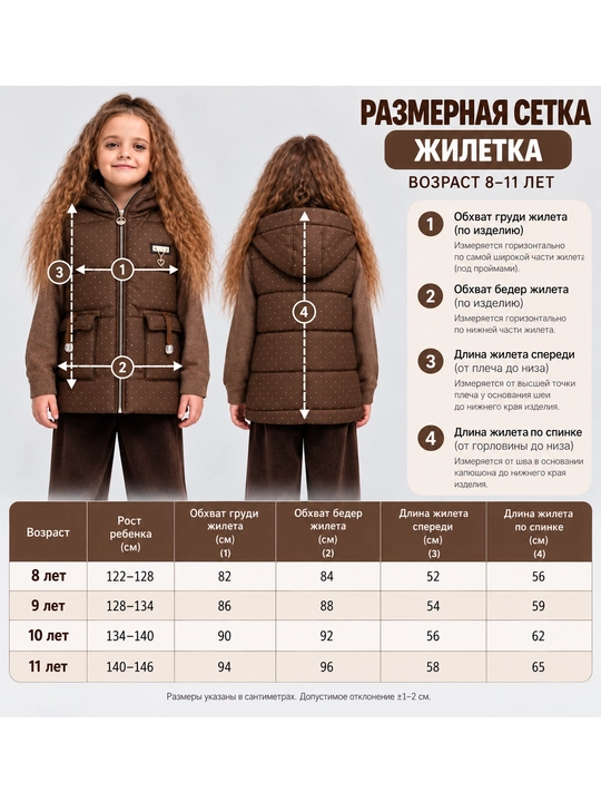 Жилетка для девочек, тёплая безрукавка с капюшоном, 8–11 лет, весна-осень
