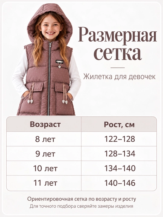 Жилетка для девочек, тёплая безрукавка с капюшоном, 8–11 лет, весна-осень