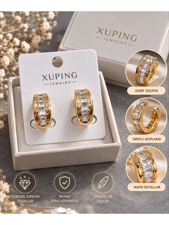 Серьги Xuping с цирконами, золотистое покрытие - 