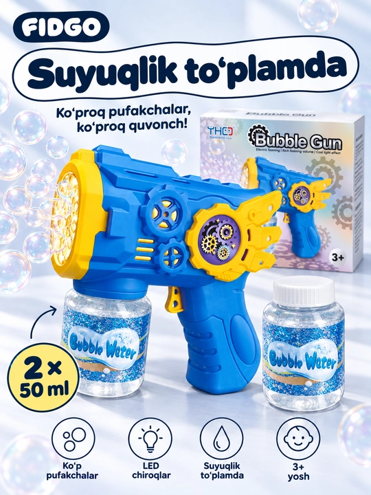 Sovun pufaklari uchun to‘pponcha, LED chiroqli avtomatik pufakcha o‘yinchog‘i