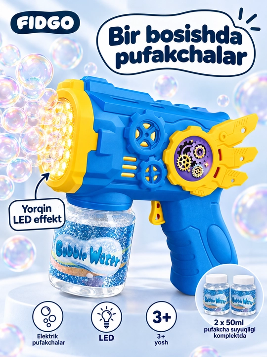 Sovun pufaklari uchun to‘pponcha, LED chiroqli avtomatik pufakcha o‘yinchog‘i