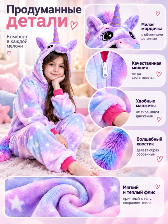Кигуруми Единорог для девочек, мягкая пижама-комбинезон с капюшоном, размеры 100–140