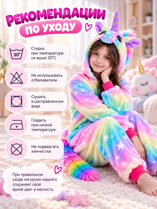 Кигуруми Единорог для девочек, мягкая пижама-комбинезон с капюшоном, размеры 100–140