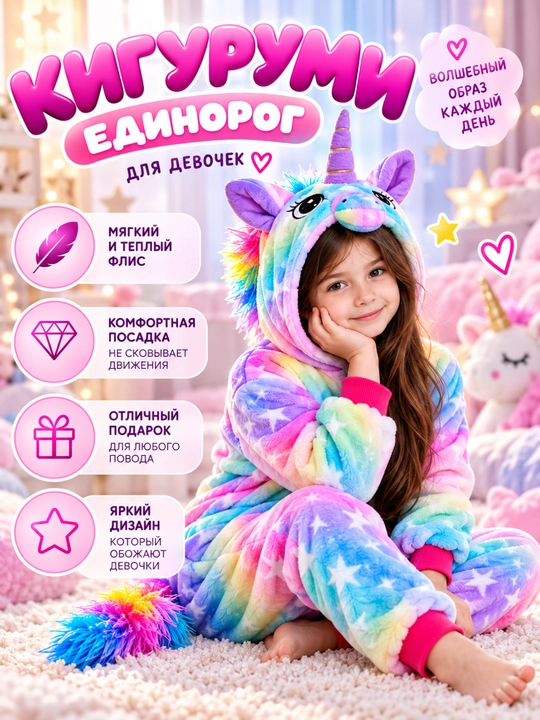 Кигуруми Единорог для девочек, мягкая пижама-комбинезон с капюшоном, размеры 100–140 - 