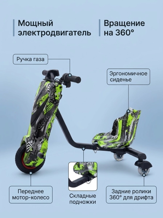Электротрицикл для дрифта детский, дрифт-карт 360°, синий камуфляж + шлем и защита