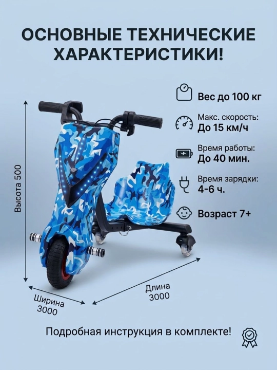 Электротрицикл для дрифта детский, дрифт-карт 360°, синий камуфляж + шлем и защита