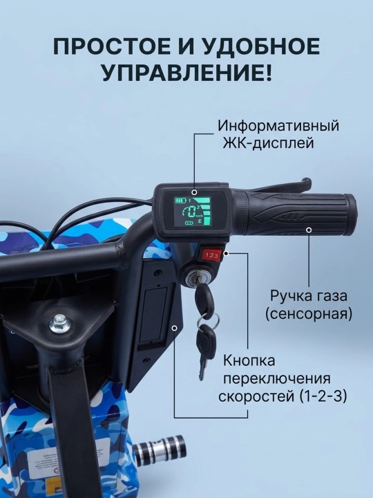 Электротрицикл для дрифта детский, дрифт-карт 360°, синий камуфляж + шлем и защита