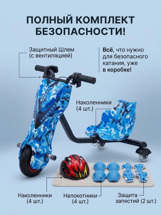 Электротрицикл для дрифта детский, дрифт-карт 360°, синий камуфляж + шлем и защита