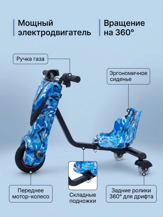 Электротрицикл для дрифта детский, дрифт-карт 360°, синий камуфляж + шлем и защита
