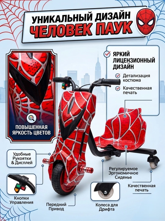 Электротрицикл для дрифта детский, дрифт-карт 360°, синий камуфляж + шлем и защита