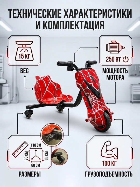Электротрицикл для дрифта детский, дрифт-карт 360°, синий камуфляж + шлем и защита