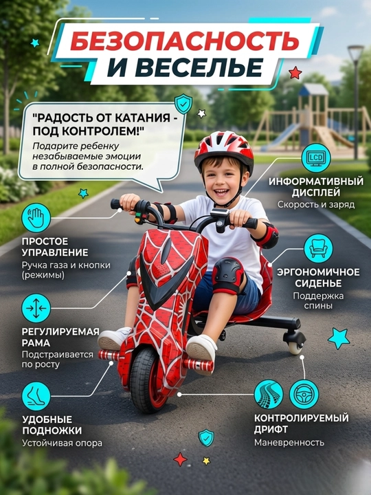 Электротрицикл для дрифта детский, дрифт-карт 360°, синий камуфляж + шлем и защита