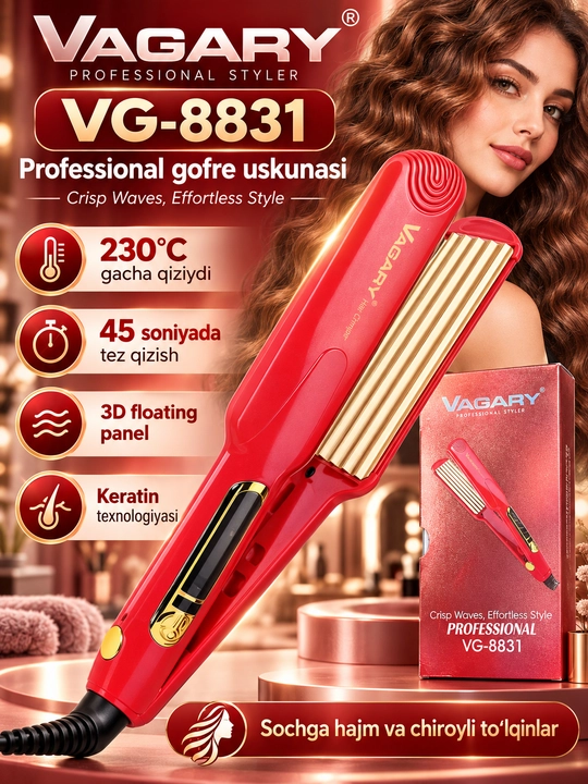 VAGARY VG-8831 soch gofre styleri, 230°C, tez qizish, professional soch to‘lqinlagich