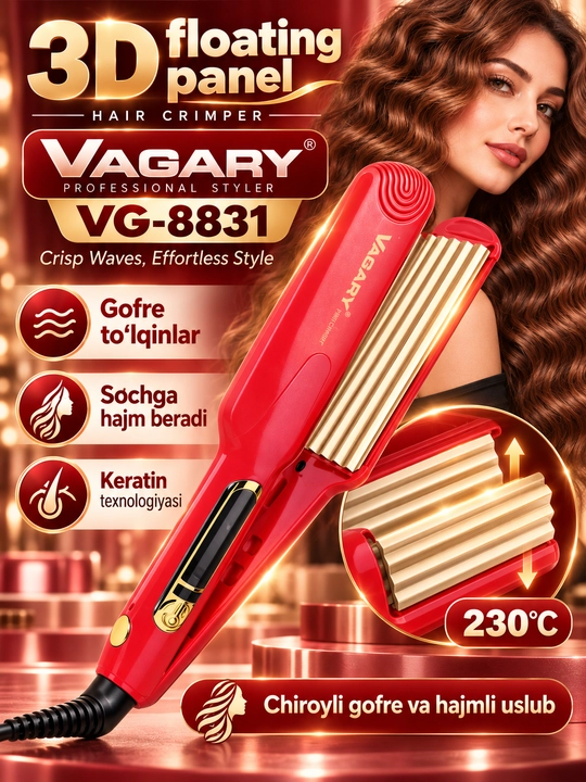 VAGARY VG-8831 soch gofre styleri, 230°C, tez qizish, professional soch to‘lqinlagich