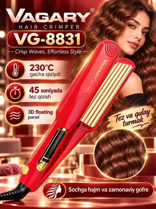 VAGARY VG-8831 soch gofre styleri, 230°C, tez qizish, professional soch to‘lqinlagich