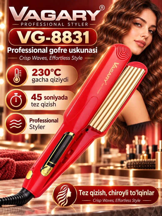 VAGARY VG-8831 soch gofre styleri, 230°C, tez qizish, professional soch to‘lqinlagich - 
