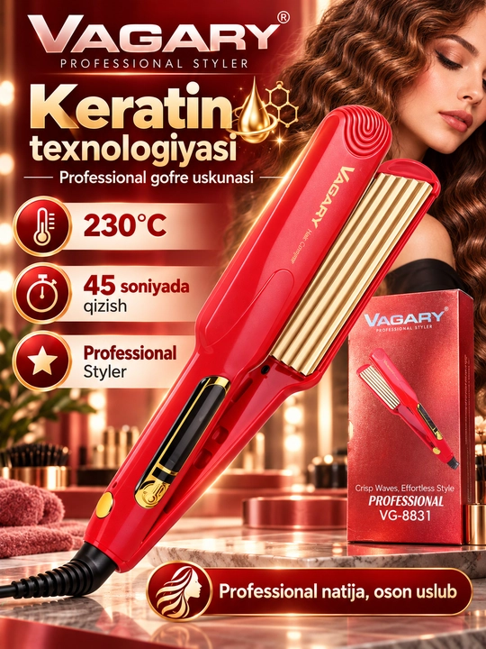 VAGARY VG-8831 soch gofre styleri, 230°C, tez qizish, professional soch to‘lqinlagich