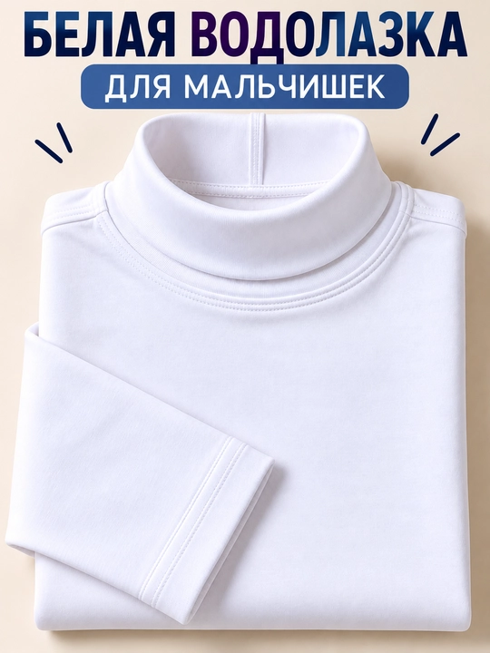 Bolalar  oq rangli vodolazka, 100% paxta, maktab uchun, uzun yengli, o‘g‘il bolalar kiyimi
