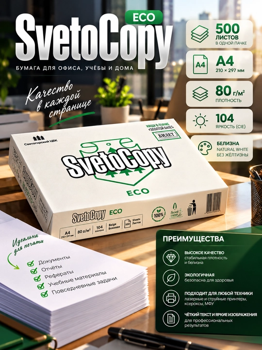 SvetoCopy ECO A4 ofis qog'ozi 80 g/m², 500 varaq, bej rang, C klass, printer uchun