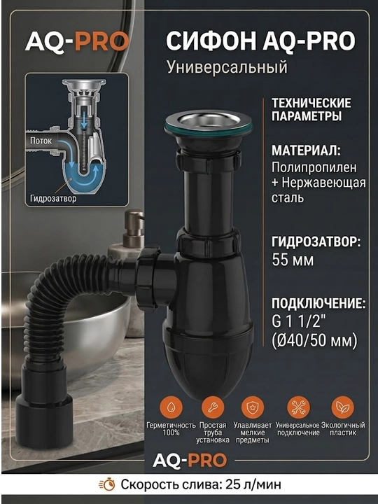 Aquant сифон для кухни 1½"x40, чёрный, металл. решётка - B0184-30-MR