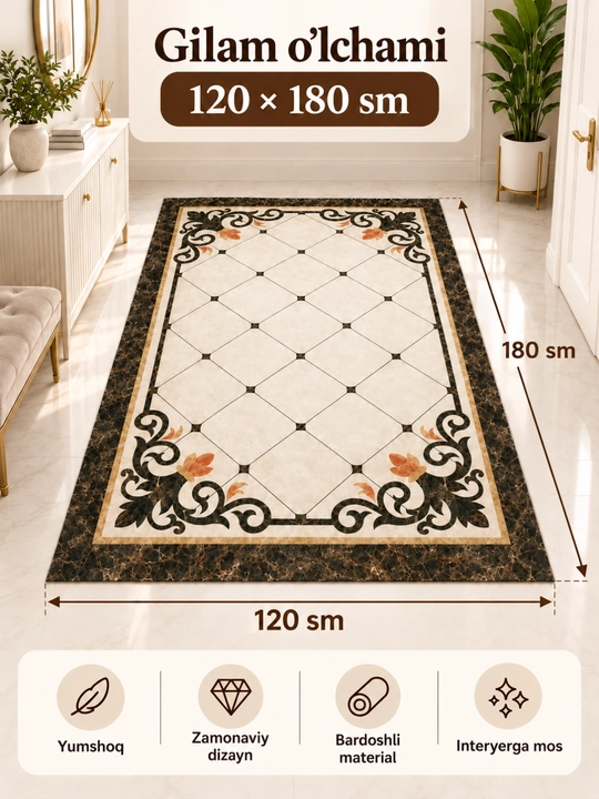 Imperial zamonaviy kovrik — nafis dizayn, yumshoq va qulay, 120×180 sm